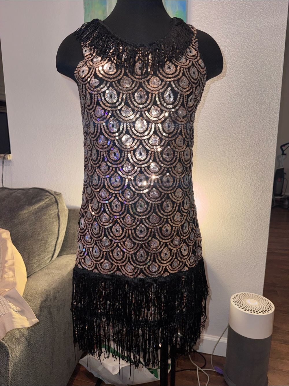 EUC Black and Rose Gold Sequin Fringe flapper dress